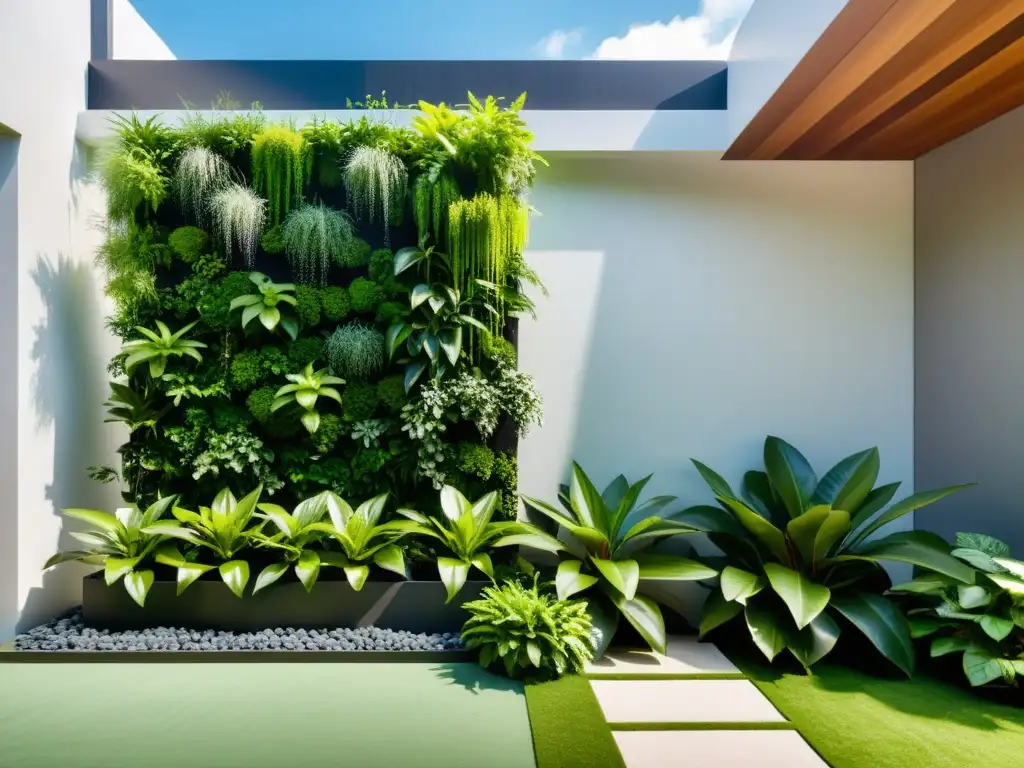 Un jardín vertical de Feng Shui emana armonía con exuberante vegetación y agua en cascada, bañado en luz natural