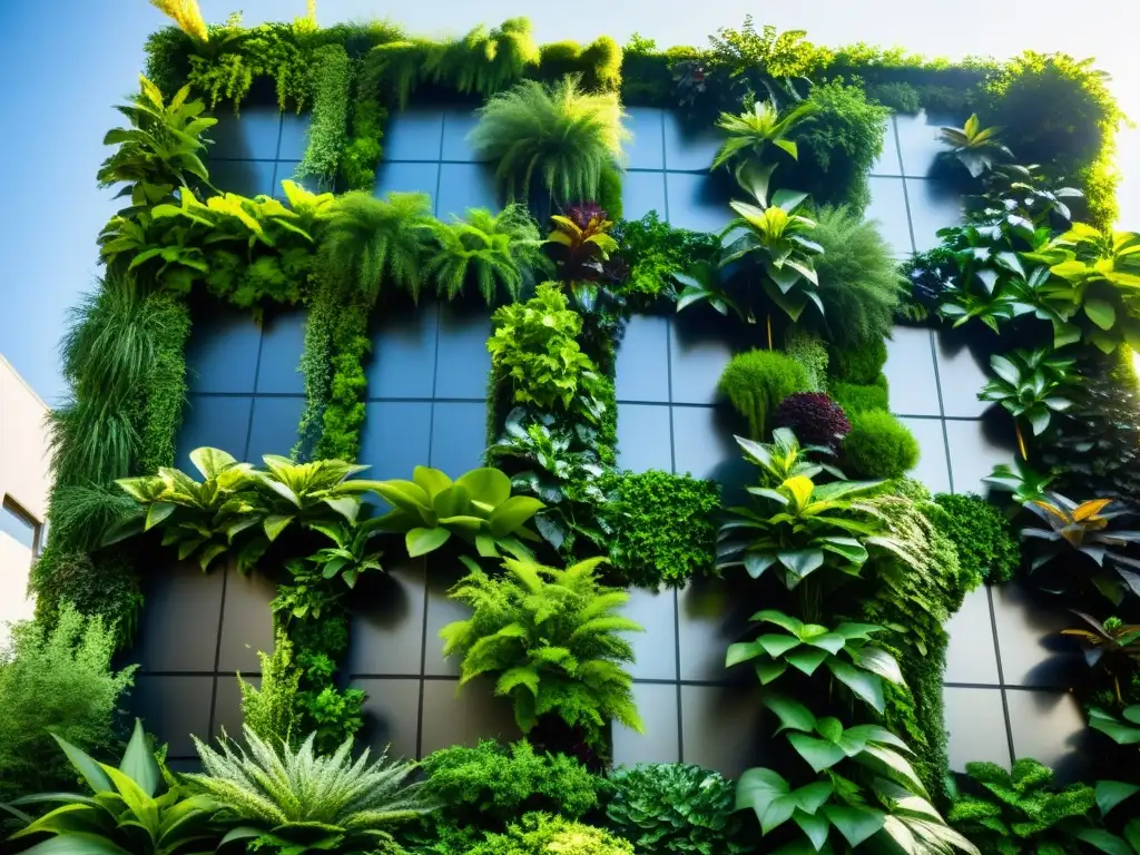 Un jardín vertical exuberante con plantas verdes vibrantes en armonía, creando equilibrio y tranquilidad con el Feng Shui