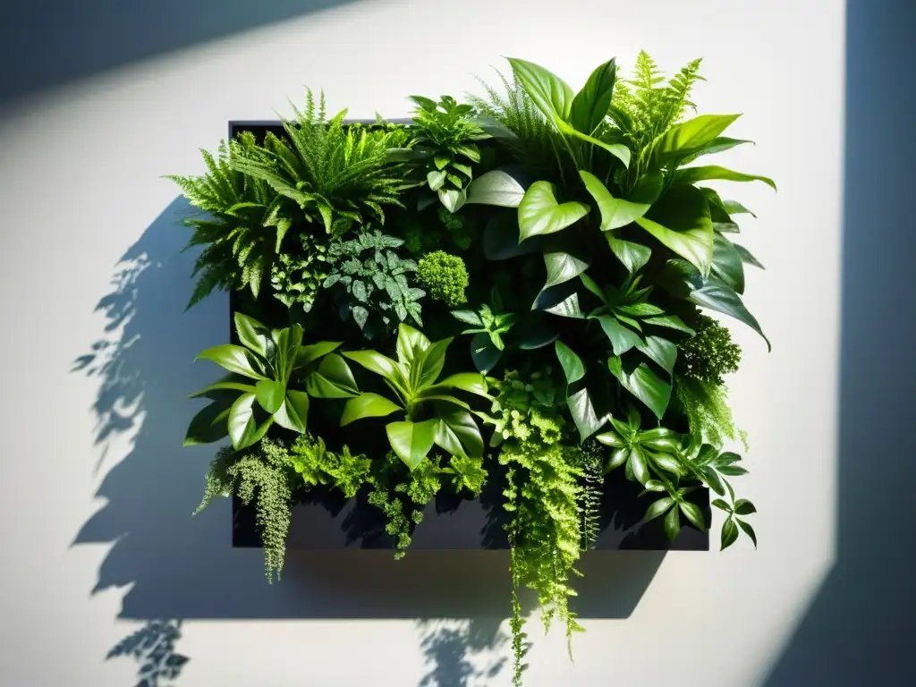 Un jardín vertical exuberante con plantas vibrantes que crean una atmósfera serena y armoniosa, ideal para espacios Feng Shui