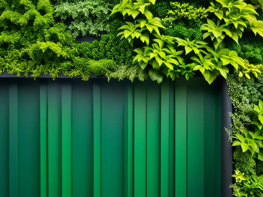 Un jardín vertical con exuberante vegetación en tonos de verde, reflejando la psicología del color en feng shui