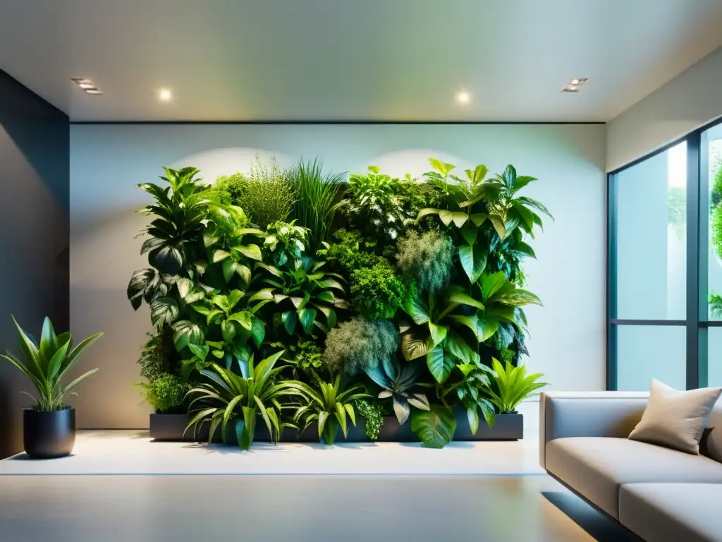 Un jardín vertical interior armonioso y equilibrado, con plantas exuberantes en un diseño minimalista que evoca el Feng Shui