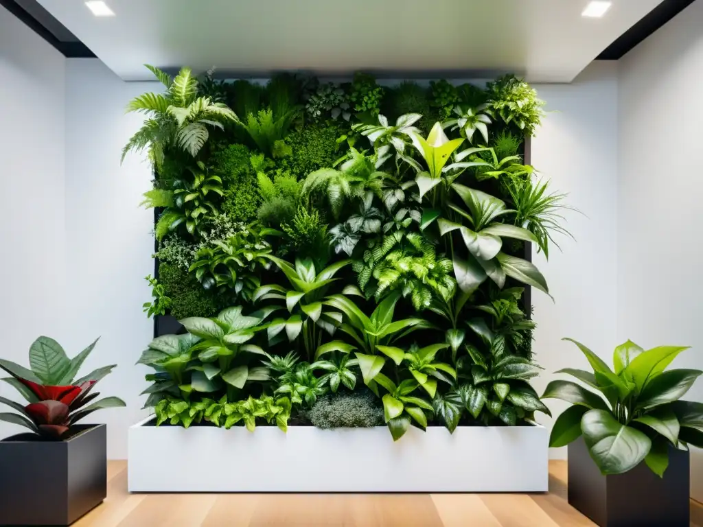 Un jardín vertical interior con plantas verdes exuberantes y diseño Feng Shui