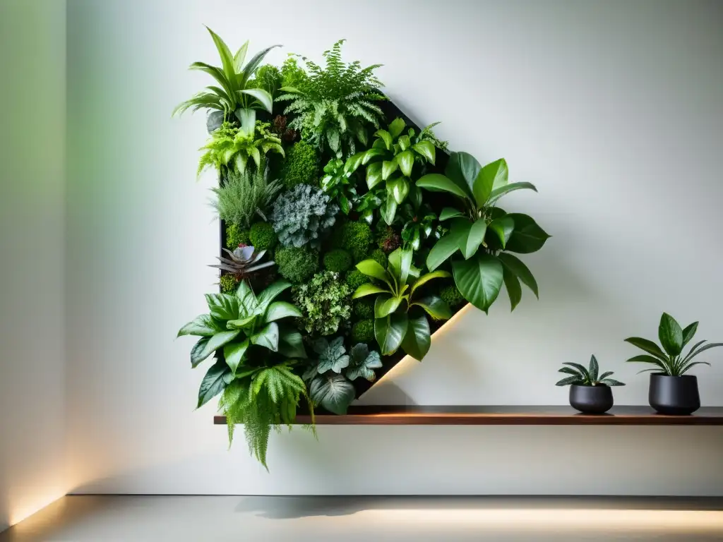 Un jardín vertical interior sereno con plantas verdes exuberantes en armonía y equilibrio, siguiendo el Feng Shui