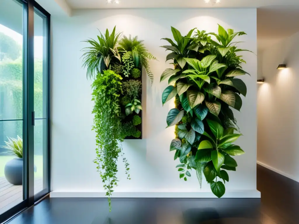 Jardín vertical interior sereno con plantas verdes, equilibrio y armonía en diseño Feng Shui