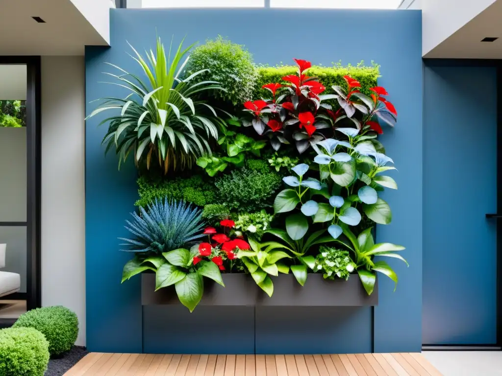 Un jardín vertical minimalista con colores vibrantes en armonía, inspirando calma y equilibrio según la psicología del color en Feng Shui