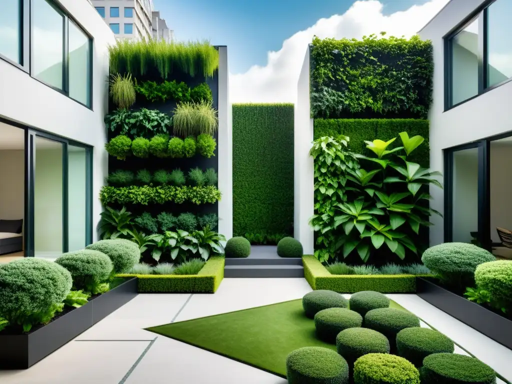 Un jardín vertical minimalista y elegante, fusionando naturaleza y diseño urbano con patrones geométricos y arquitectura moderna