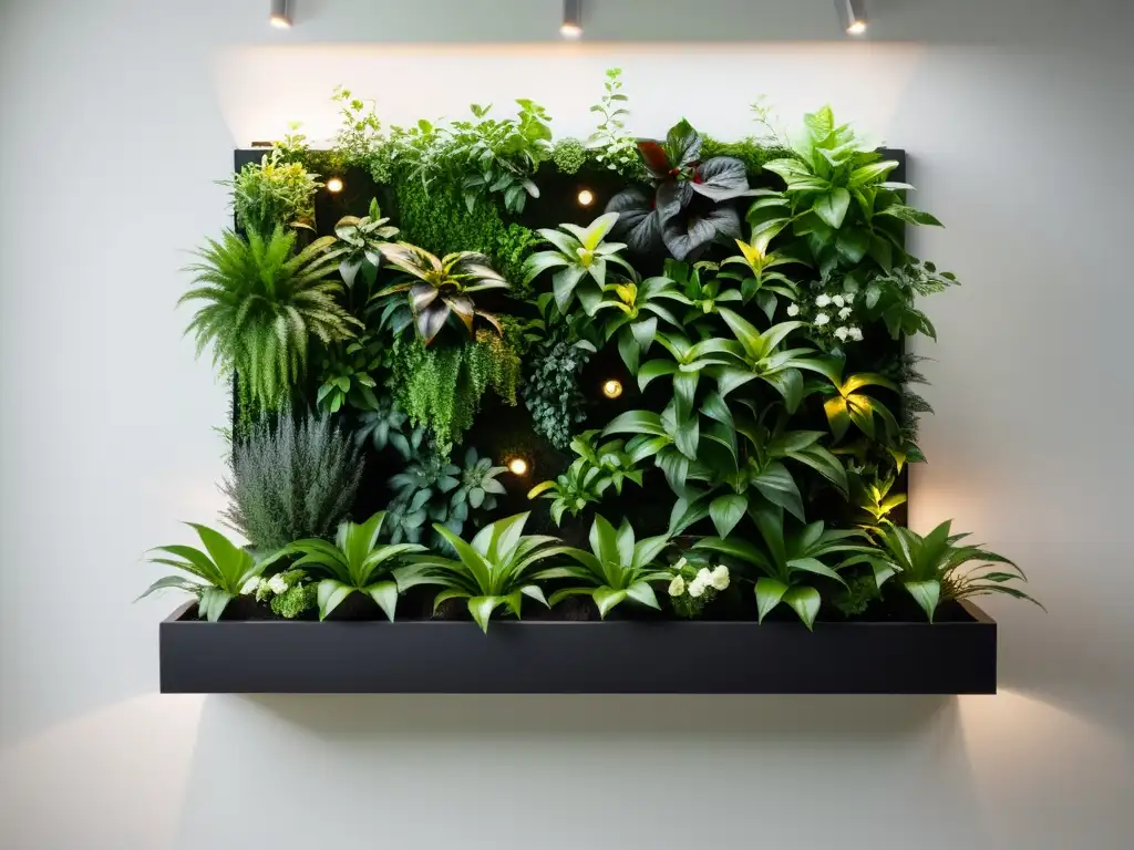 Jardín vertical minimalista con plantas en macetas negras, iluminado con LED en armonía con los consejos Feng Shui iluminación jardines verticales