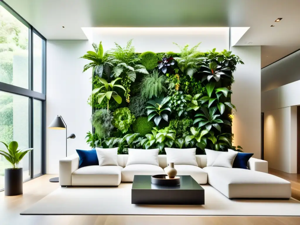 Un jardín vertical de Feng Shui en armonía con la moderna sala, destacando la belleza natural de las plantas verdes vibrantes