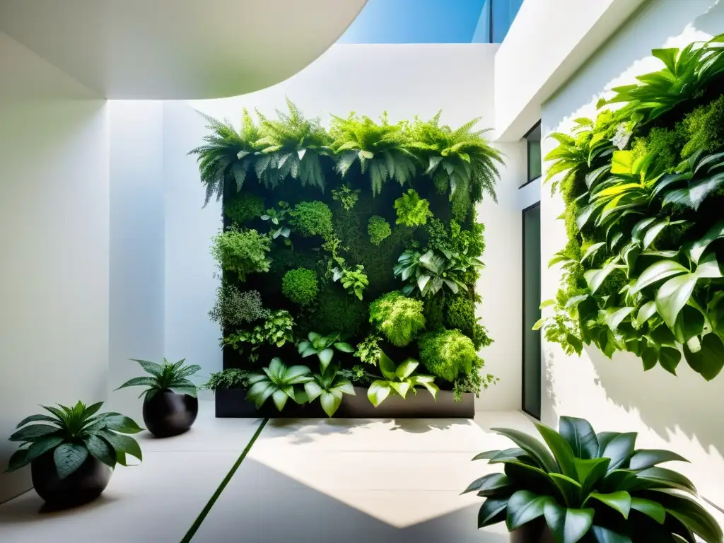 Un jardín vertical moderno y elegante irradia armonía energética con exuberante vegetación verde en una pared blanca impecable