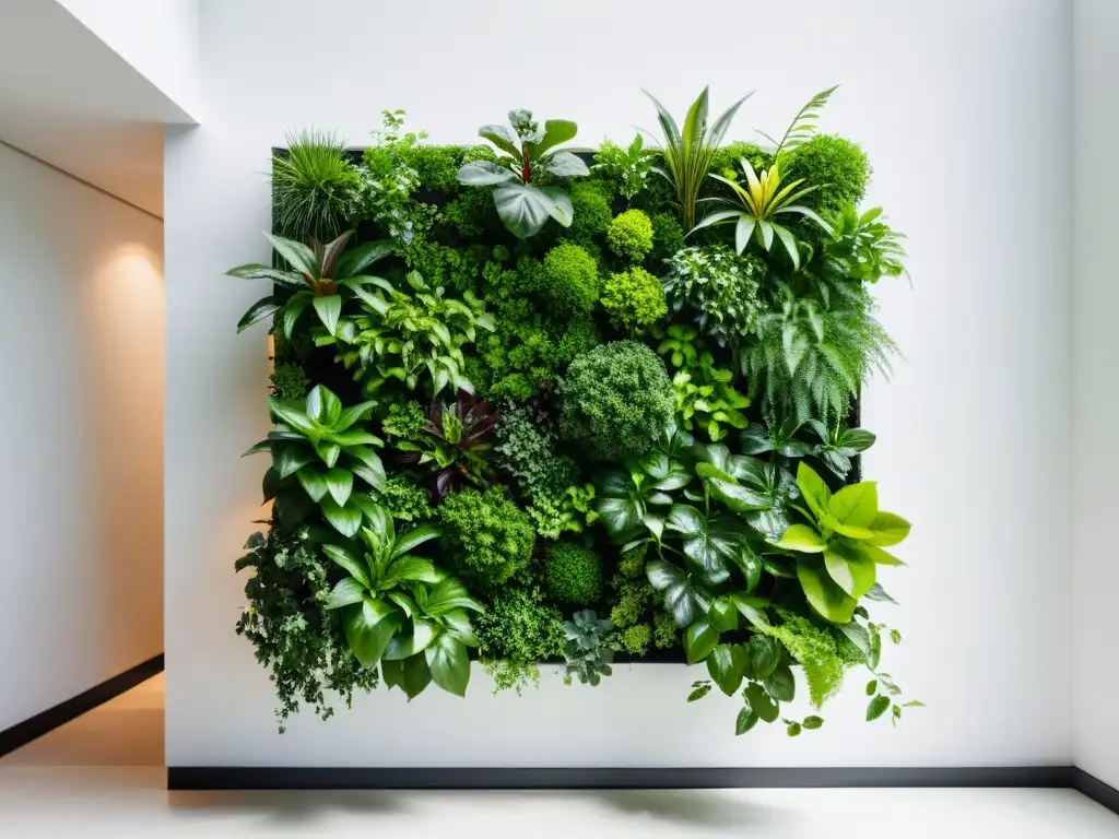 Un jardín vertical moderno y minimalista con plantas exuberantes que crean armonía energética