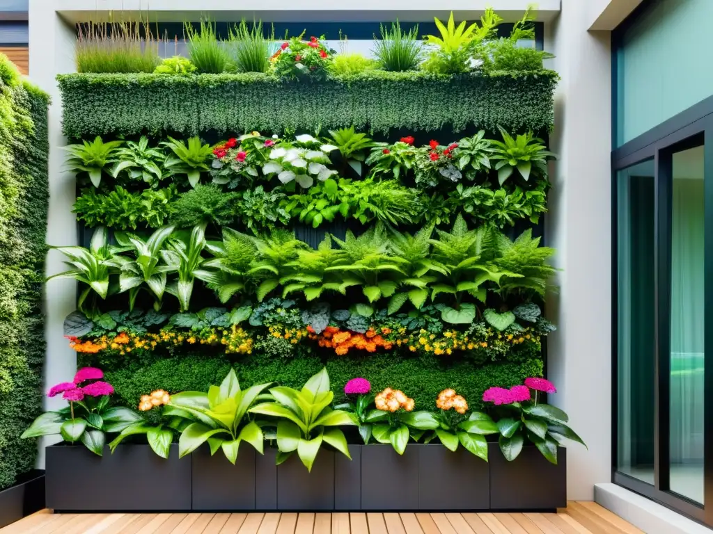 Un jardín vertical de plantas exuberantes crea armonía y equilibrio