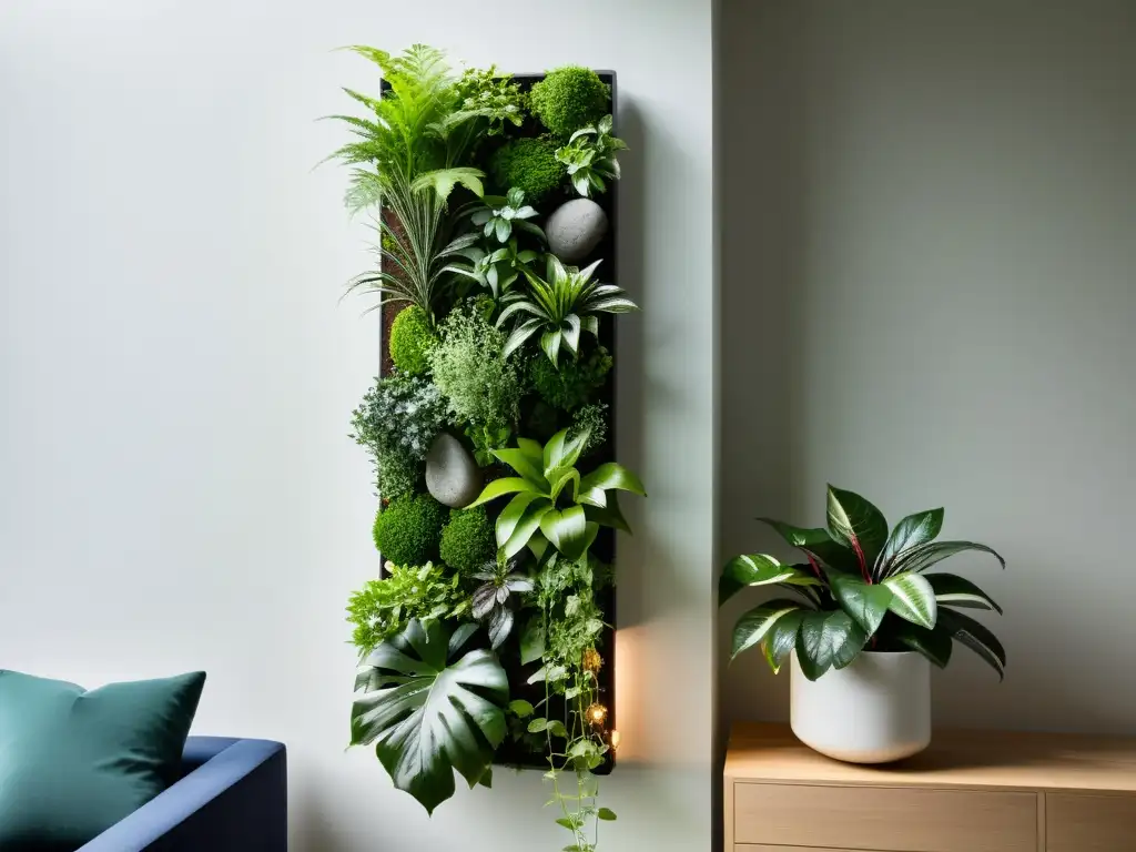 Un jardín vertical sereno y equilibrado con exuberante vegetación verde, integrando el Feng Shui en el hogar