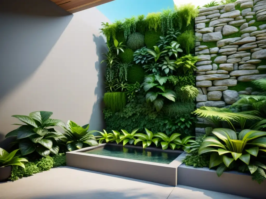 Un jardín vertical sereno con vegetación exuberante, agua fluyente y rocas estratégicamente colocadas para armonía Feng Shui