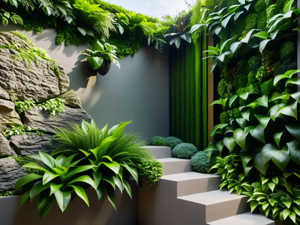 Un jardín vertical sereno con exuberante vegetación verde para armonía Feng Shui