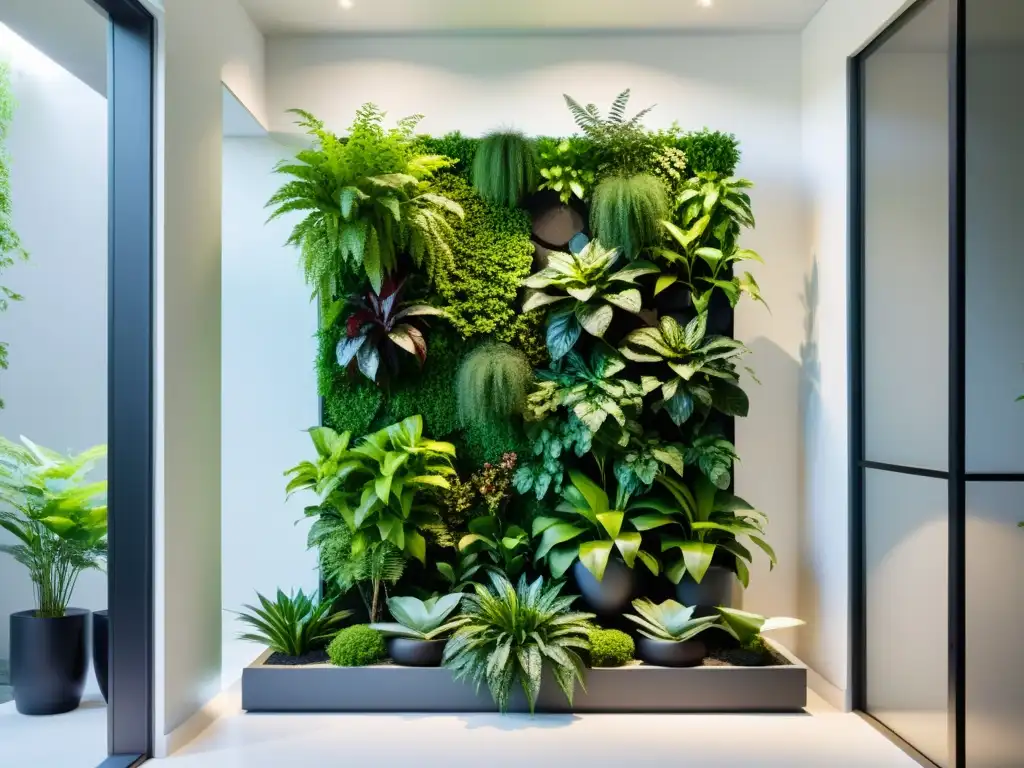 Un jardín vertical sereno y minimalista, armonizado según principios de Feng Shui, irradia equilibrio y calma para un hogar saludable