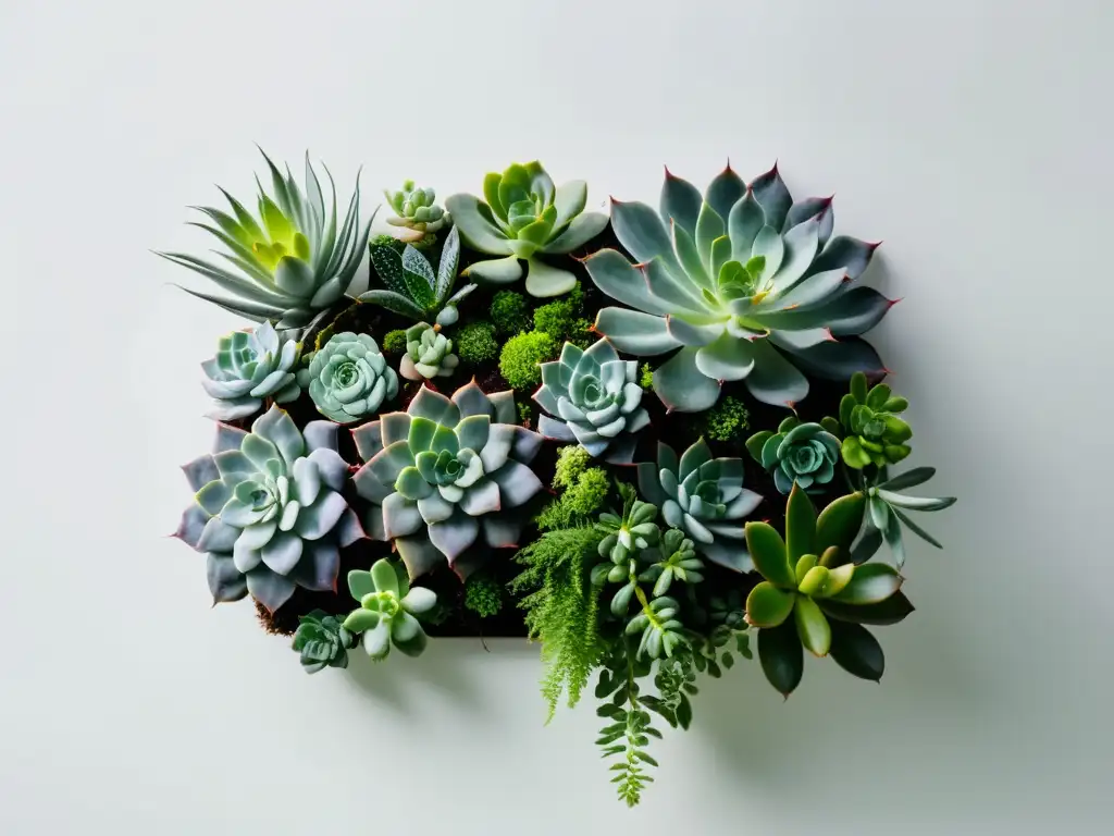 Un jardín vertical sereno y minimalista con suculentas y vegetación en cascada, siguiendo principios de Feng Shui