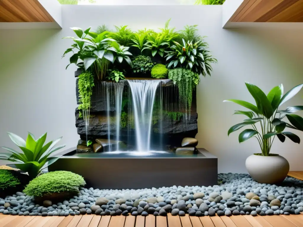 Un jardín vertical sereno y minimalista con una cascada central