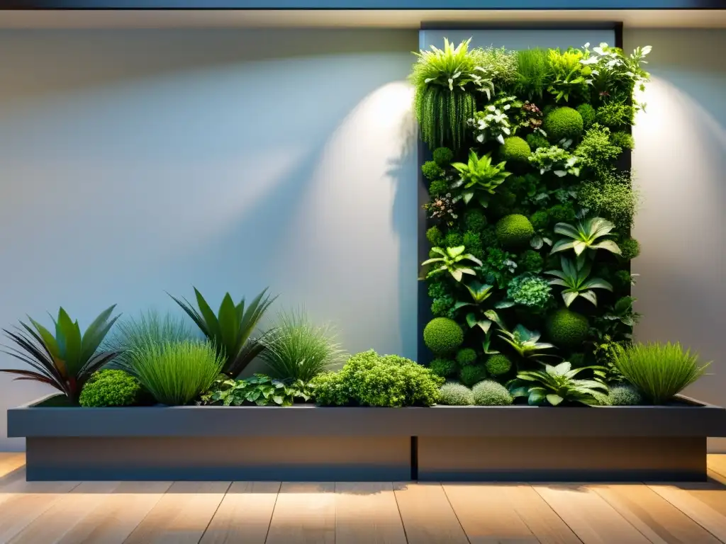 Un jardín vertical sereno y minimalista diseñado con principios de Feng Shui, evocando armonía y tranquilidad