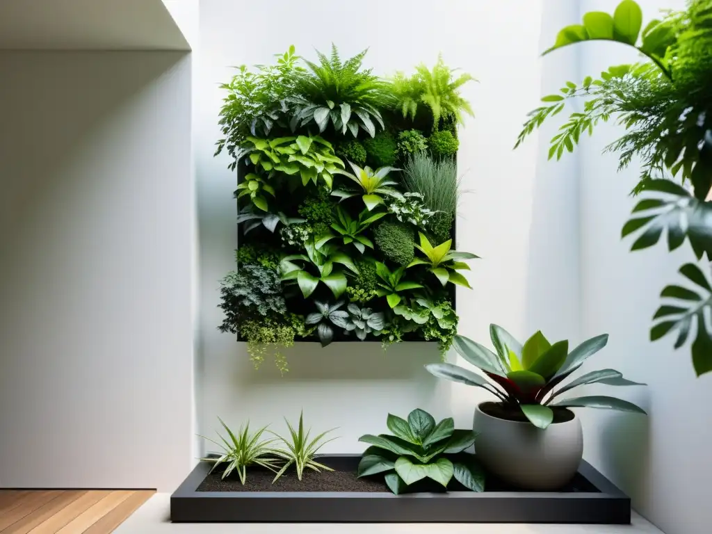 Un jardín vertical sereno y minimalista que sigue el diseño según Bagua, con equilibrio y armonía en las plantas