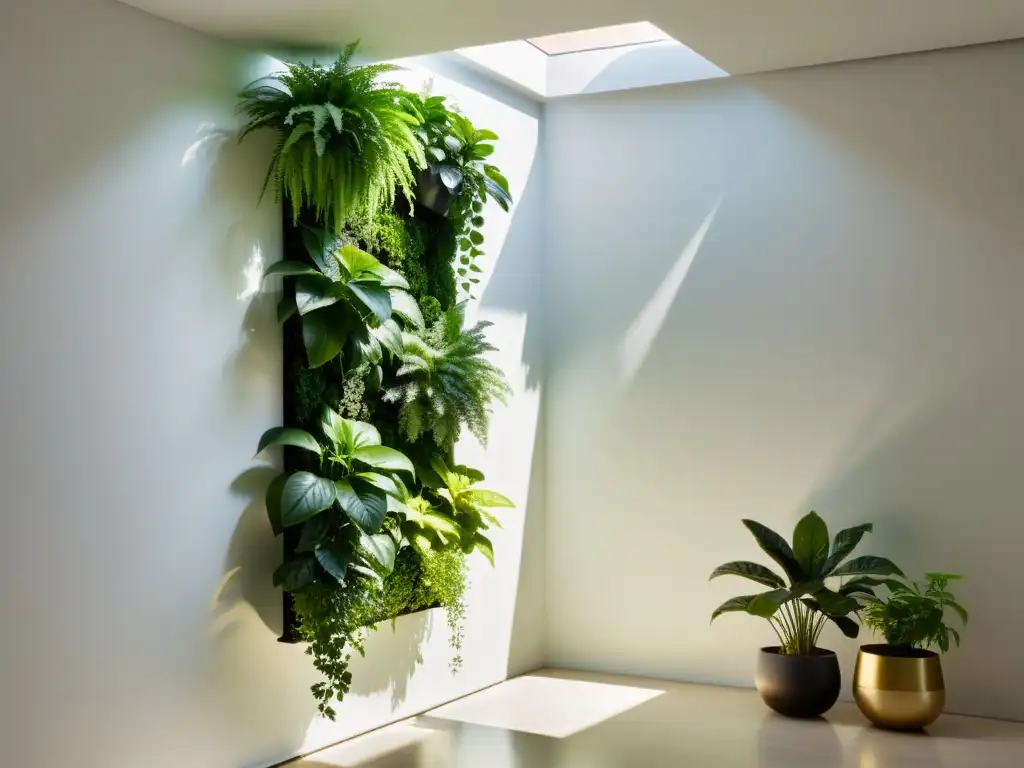 Un jardín vertical sereno y minimalista, con exuberante follaje verde, que crea armonía y tranquilidad en un espacio soleado