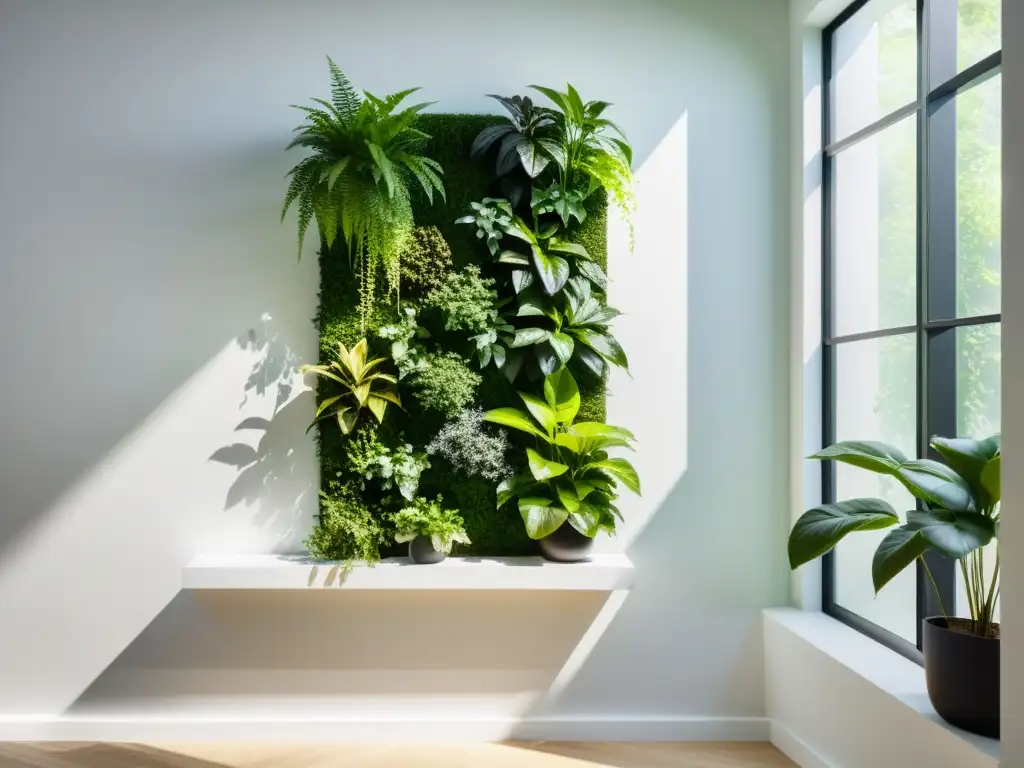Un jardín vertical sereno y minimalista con exuberante vegetación en cascada sobre una pared blanca