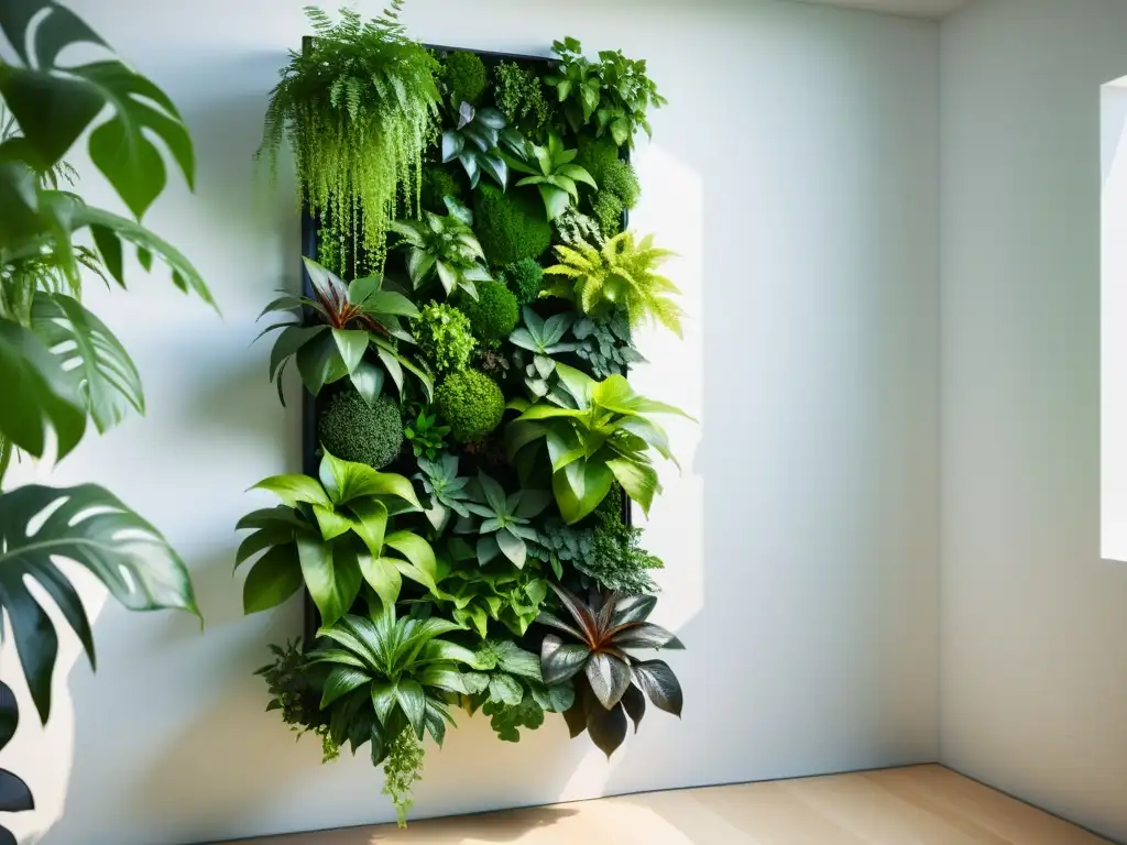 Un jardín vertical sereno y minimalista con exuberante vegetación que fluye sobre una pared blanca