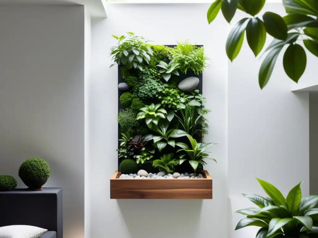 Un jardín vertical sereno y minimalista con exuberante vegetación, elementos de Feng Shui y armoniosa luz solar