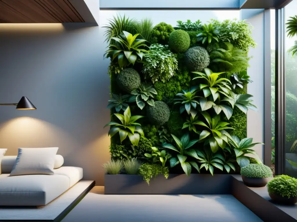 Un jardín vertical sereno y minimalista con vegetación exuberante, equilibrado y armonioso