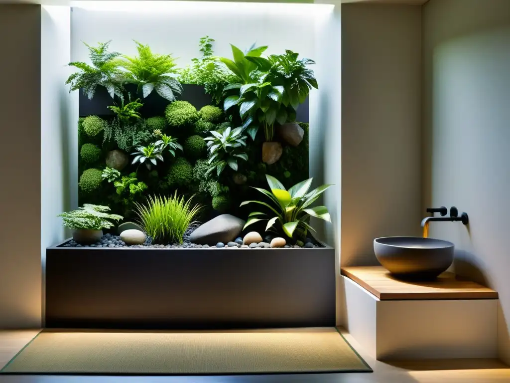 Un jardín vertical sereno y minimalista con vegetación exuberante, rocas cuidadosamente seleccionadas y una pequeña característica de agua