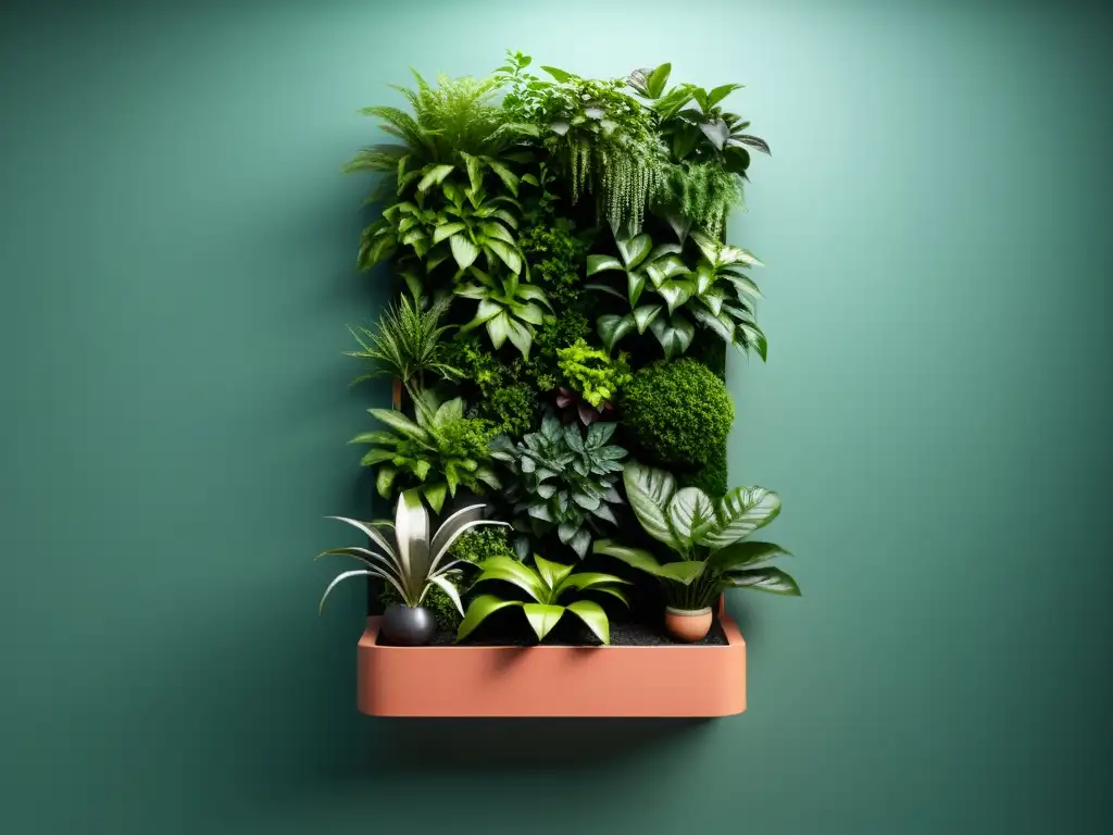 Un jardín vertical sereno y minimalista con exuberante vegetación que sigue los principios del Feng Shui para crear armonía en el hogar