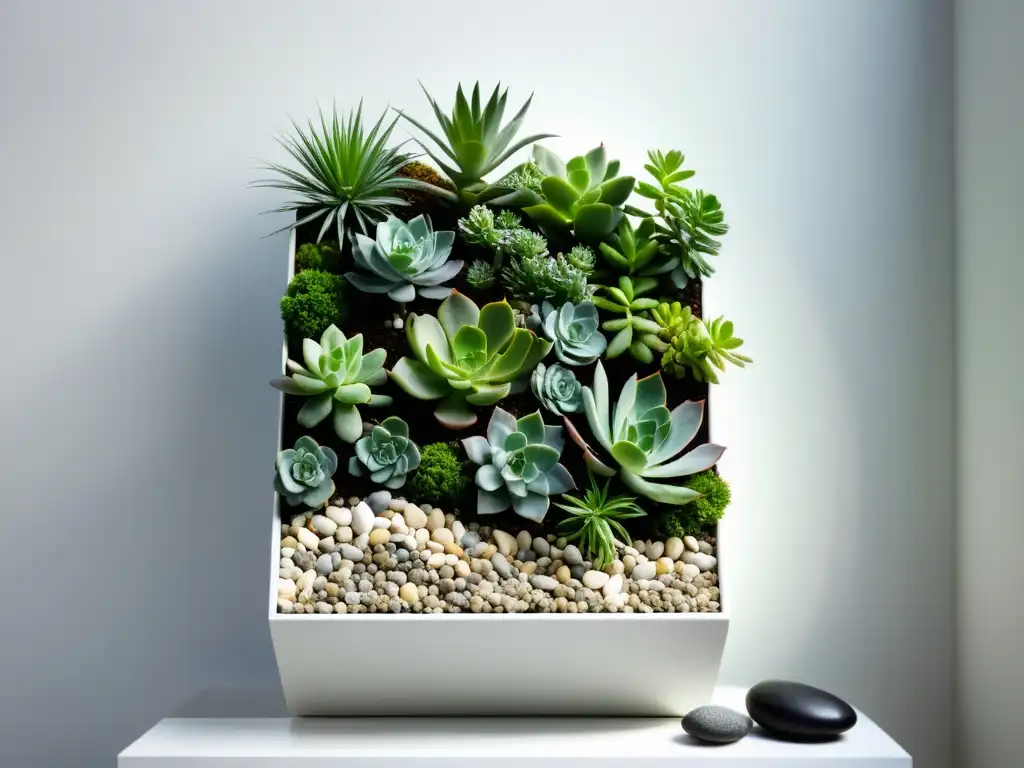 Un jardín vertical sereno y minimalista con suculentas y guijarros, equilibrado y armonioso, evocando tranquilidad y armonía Feng Shui