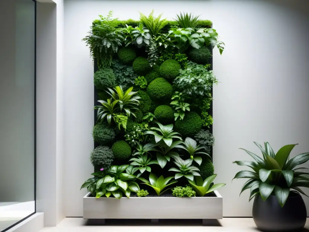 Un jardín vertical sereno y minimalista con plantas seleccionadas según los principios del Feng Shui, creando armonía y flujo de energía positiva