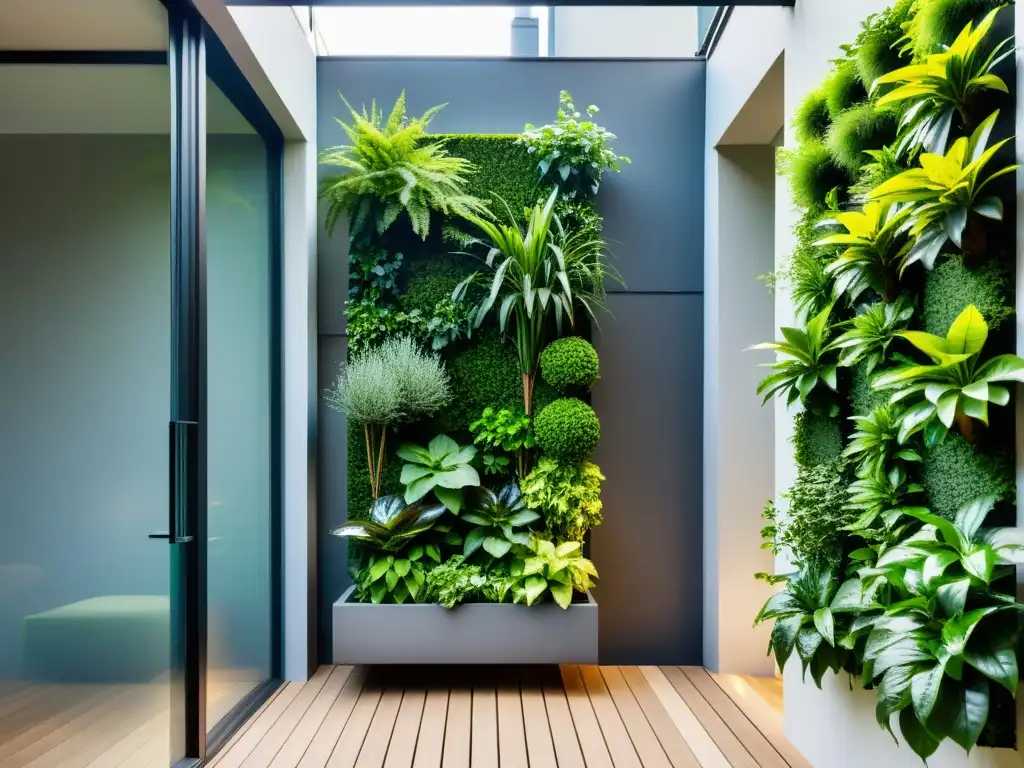 Un jardín vertical sereno, minimalista y vibrante, que irradia energía positiva y armonía con la naturaleza, perfecto para hogares con Feng Shui