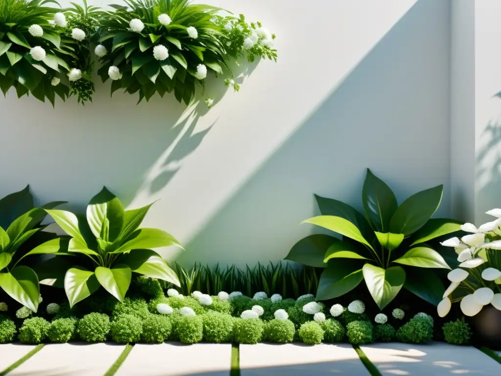 Jardín vertical sereno con plantas verdes y flores blancas, bañado por luz solar