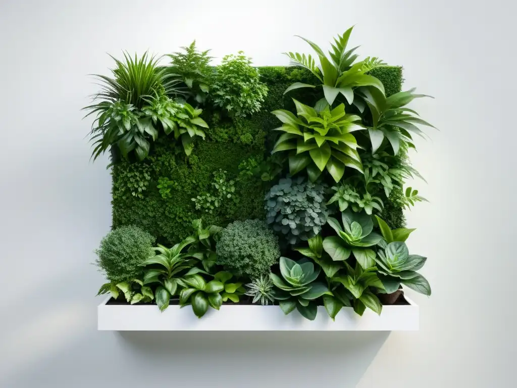 Un jardín vertical sereno con plantas para jardines verticales Feng Shui, creando armonía y tranquilidad en un entorno moderno y minimalista