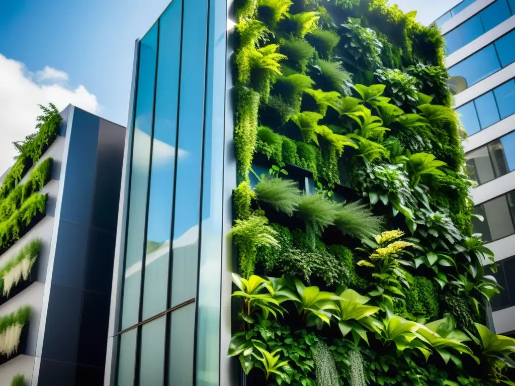 Feng Shui jardinería vertical urbana en un moderno jardín en la fachada de un rascacielos, fusionando naturaleza y arquitectura