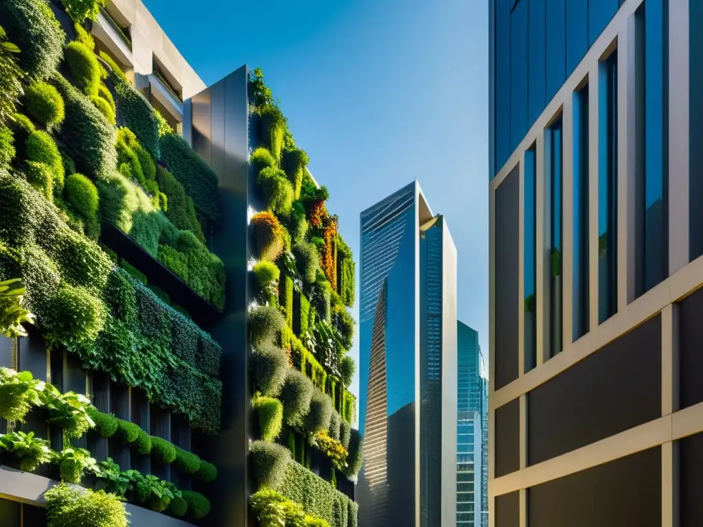 Feng Shui jardinería vertical urbana: Un paisaje urbano moderno con rascacielos adornados con exuberantes jardines verticales, creando una impresionante fusión de naturaleza y arquitectura urbana