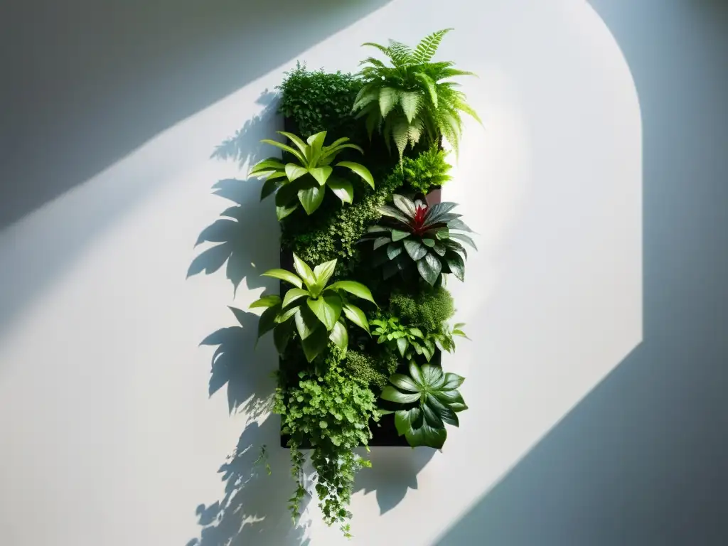 Feng Shui jardinería vertical urbana: Un jardín sereno y armonioso con vegetación exuberante en una pared blanca, bañado por la luz solar