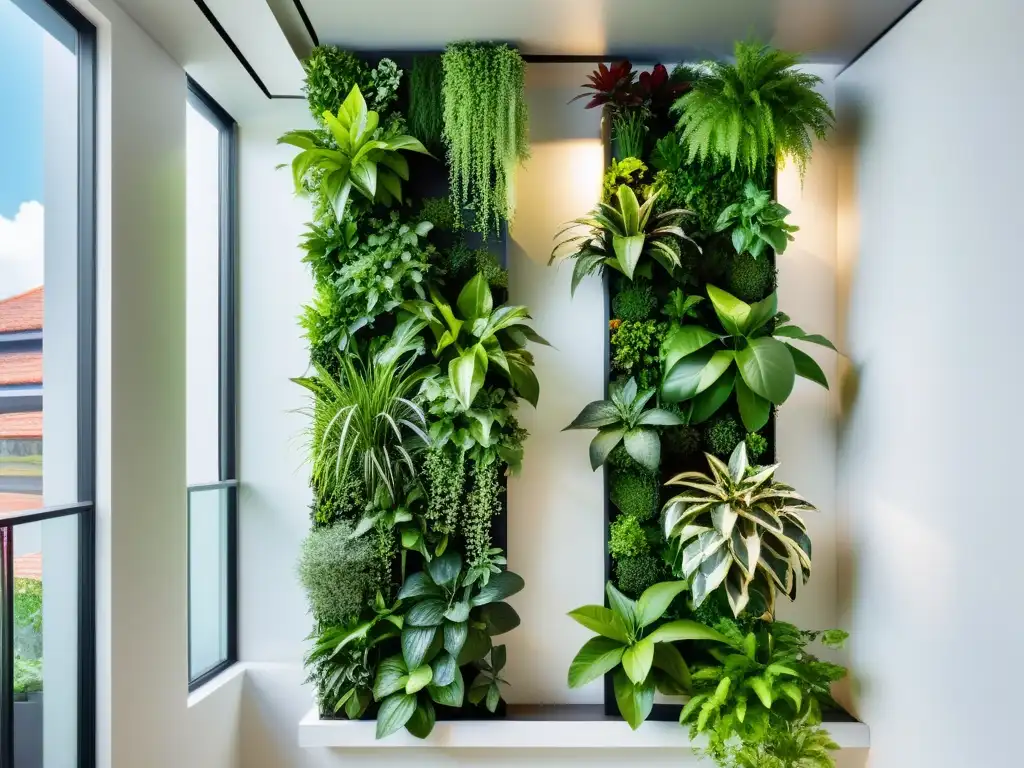 Un jardín vertical urbano de Feng Shui con vegetación exuberante que crea armonía y tranquilidad en un entorno moderno