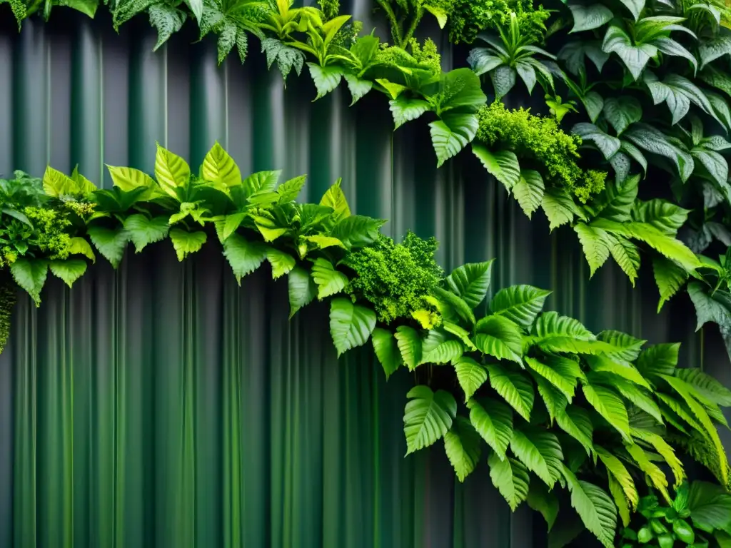 Diseño jardines verticales según Bagua: Detalle de exuberante jardín vertical con plantas vibrantes en armoniosa cascada