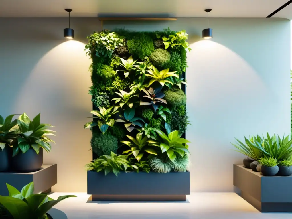 Diseño jardines verticales según Bagua: Armonía natural y equilibrio en un jardín vertical sereno y vibrante, con plantas y luz suave