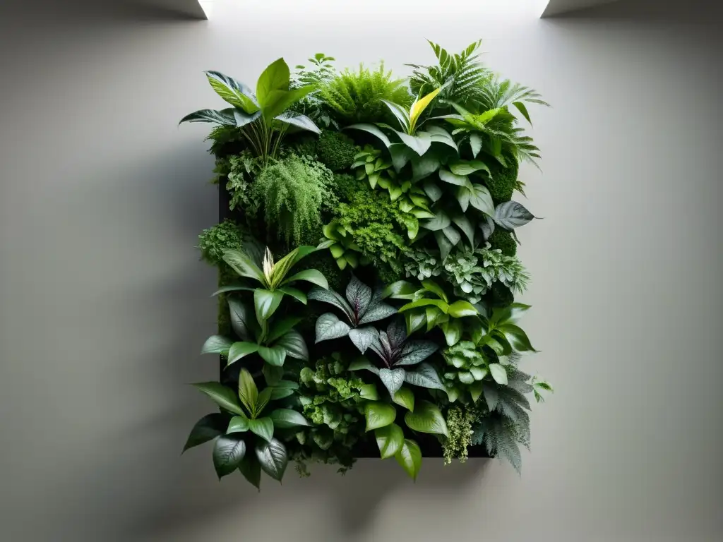 Diseño jardines verticales Feng Shui: Un jardín vertical sereno y minimalista con exuberante vegetación en patrones orgánicos, emitiendo equilibrio y serenidad