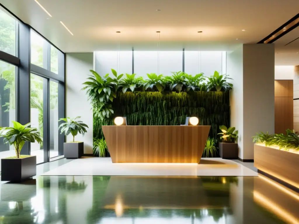 Un vestíbulo minimalista y sereno con un elegante elemento de agua, plantas exuberantes y madera natural