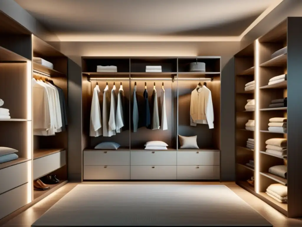 Feng Shui en el vestidor: armario minimalista y elegante con ropa doblada en colores armoniosos, iluminación suave y sensación de tranquilidad