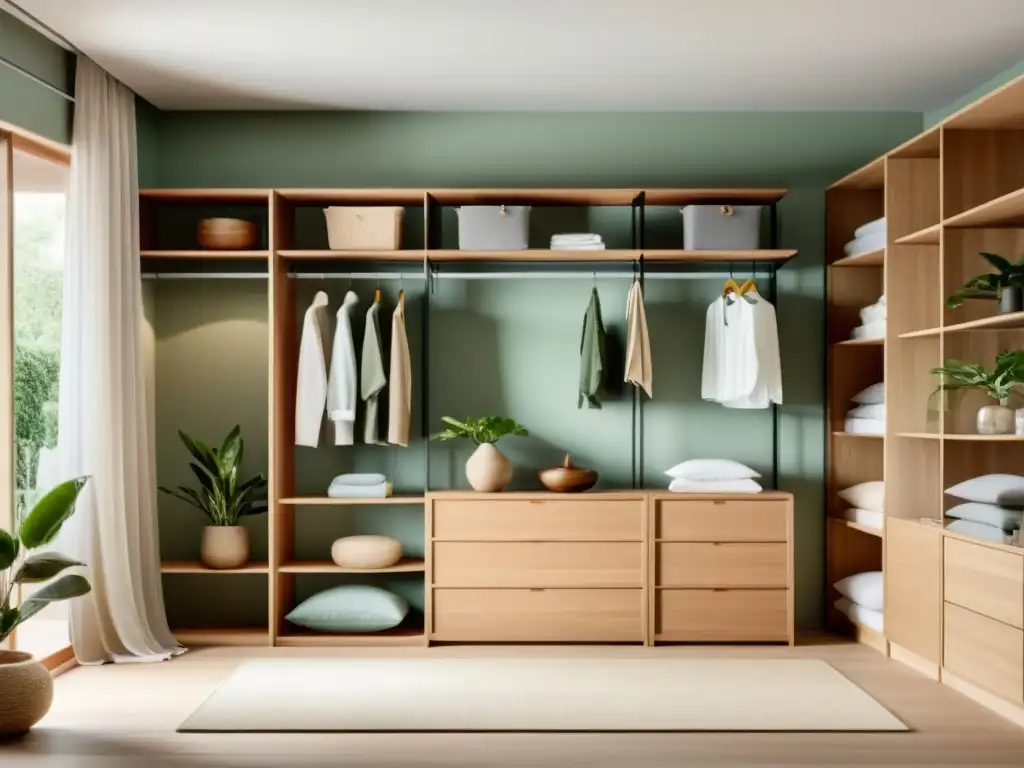 Un vestidor minimalista con estantes y cajones bien organizados, en armonía con el Feng Shui, tonos suaves y plantas verdes