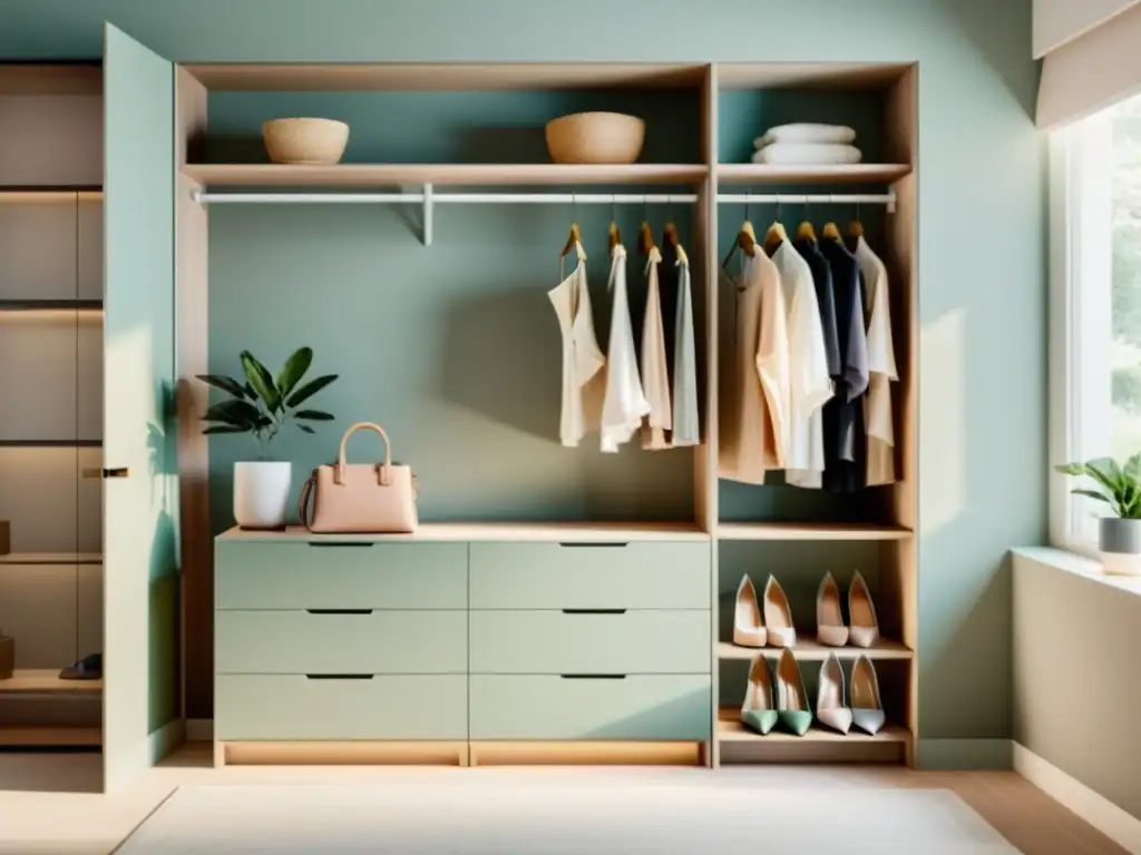 Un vestidor minimalista y organizado con estantes abiertos exhibiendo ropa doblada en tonos pastel, tacones ordenados por color y una planta en una cómoda moderna