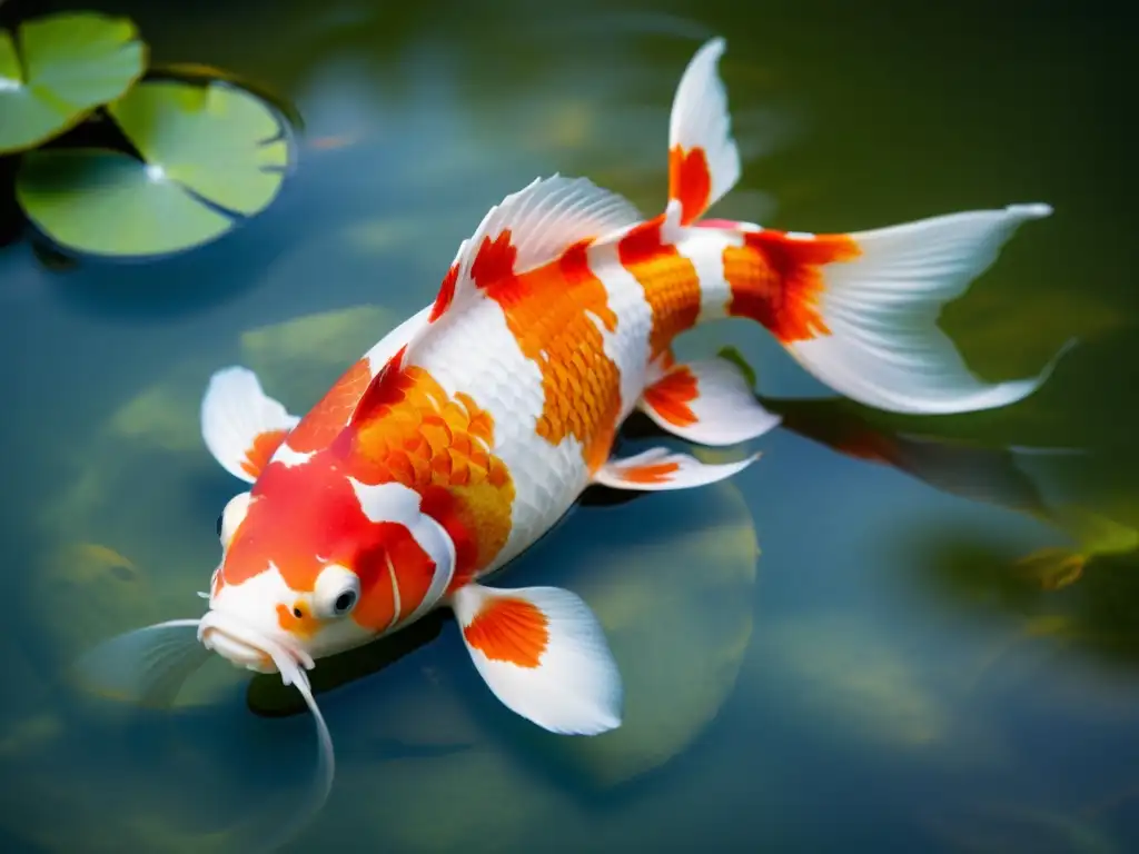 Koi rojo y blanco nadando con gracia en un estanque sereno Vibrante carpa koi roja y blanca nadando elegantemente en un estanque sereno, reflejando su belleza única