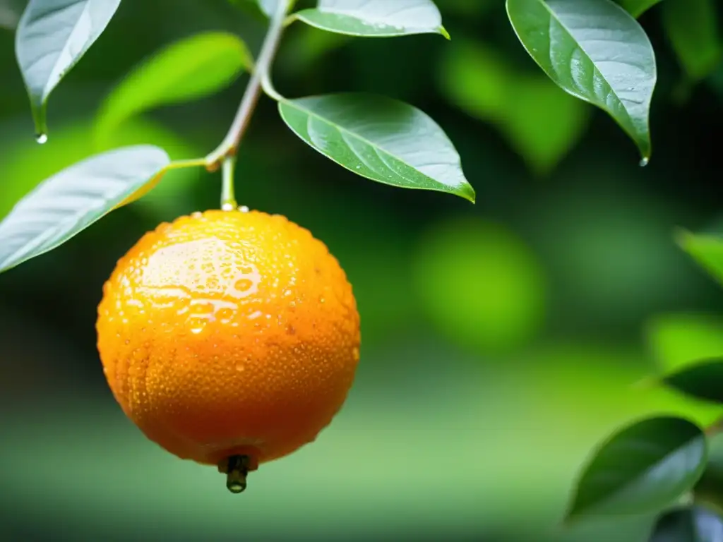 Un vibrante naranja maduro cuelga de una rama verde exuberante, bañado por la luz del sol