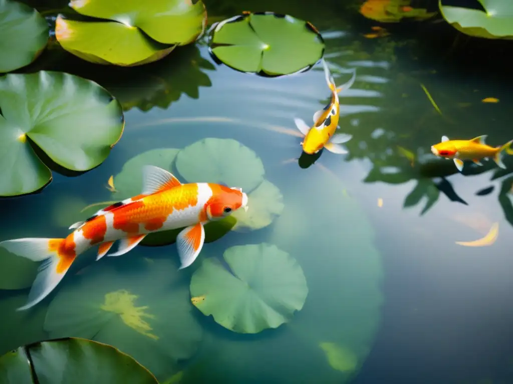 Jardín tranquilo con peces koi en estanque Un jardín Feng Shui integrando vida acuática, con koi nadando en un estanque sereno entre exuberante vegetación y flores de loto