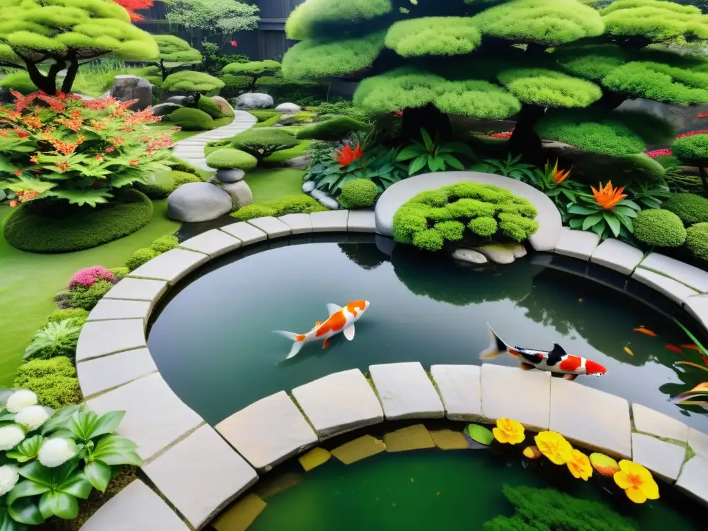 Jardín zen con sendero de piedra y peces koi Integrando vida acuática en jardín Feng Shui: Sendero de piedra rodeado de verde exuberante, bonsáis y koi en estanque sereno